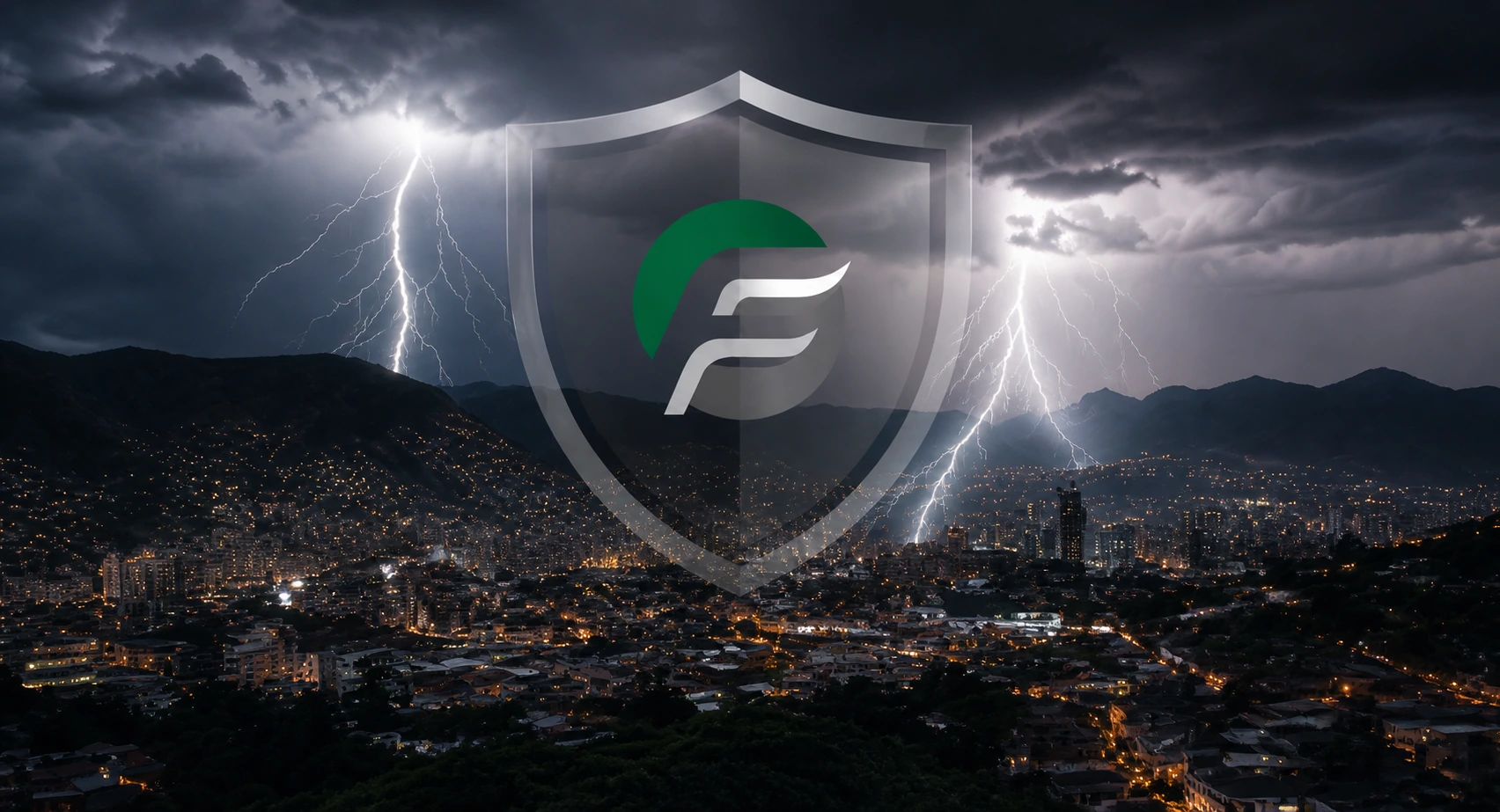 Ilustração de um escudo sobre uma cidade durante uma tempestade